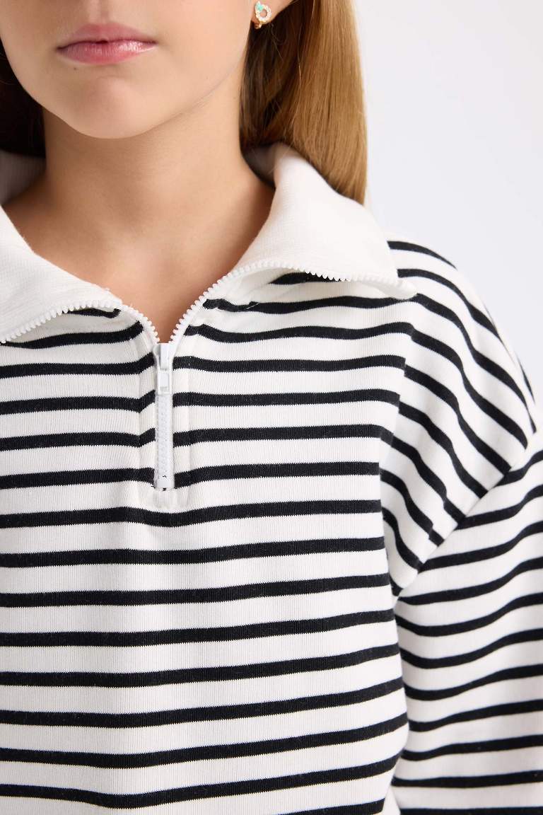 Girl Oversize Fit Half Zipper Striped Sweatshirt