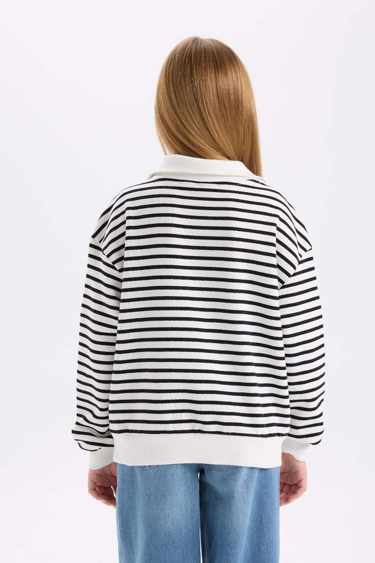 Girl Oversize Fit Half Zipper Striped Sweatshirt