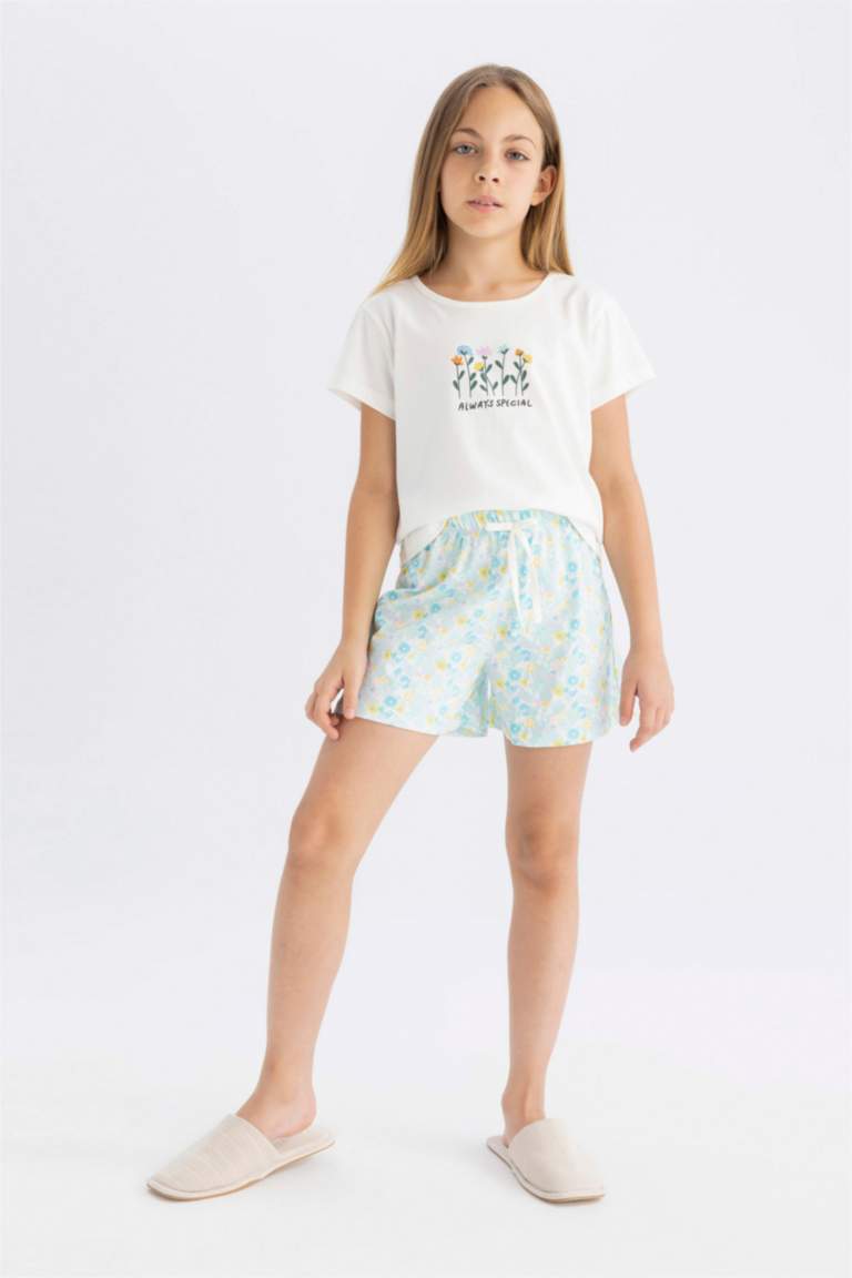 Kız Çocuk Pijama Takımı Bisiklet Yaka Baskılı Kısa Kollu Üst Şort