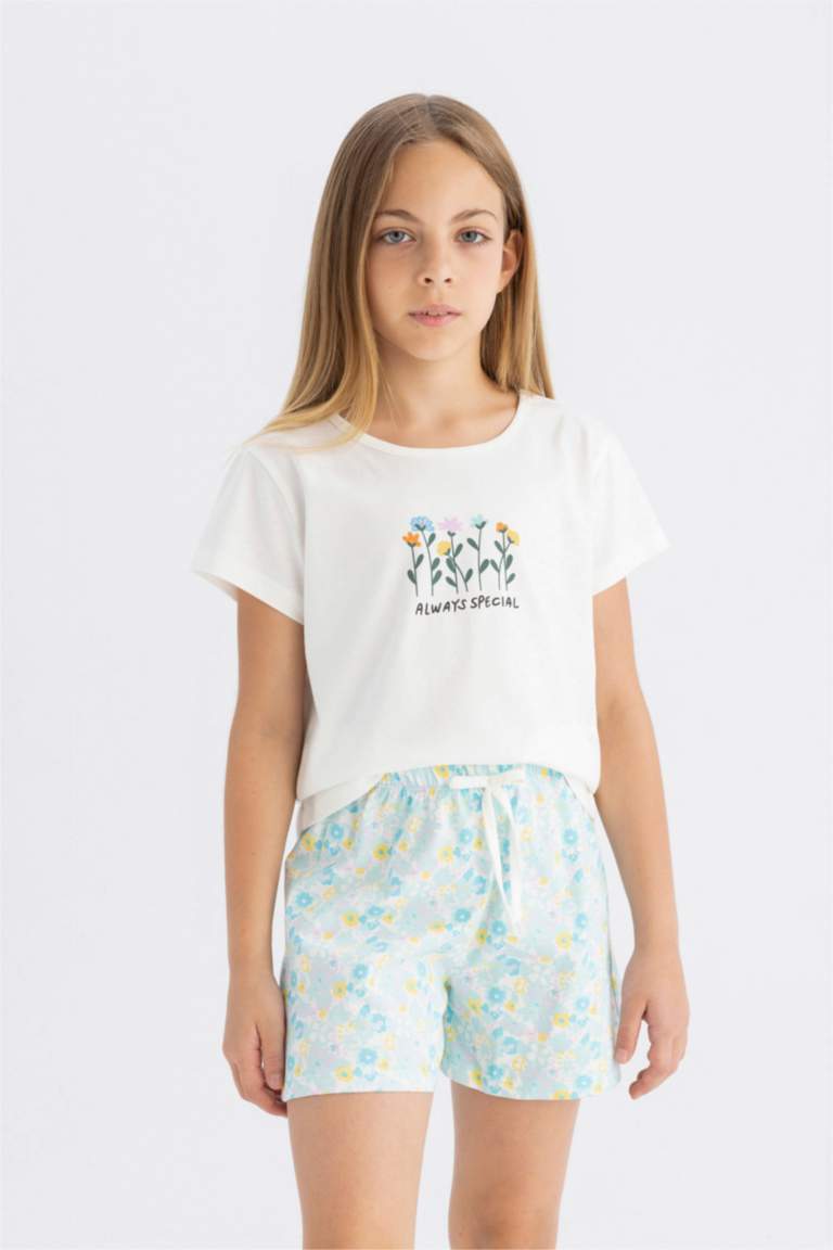 Kız Çocuk Pijama Takımı Bisiklet Yaka Baskılı Kısa Kollu Üst Şort