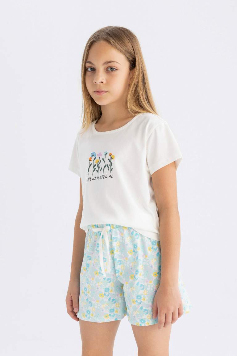 Kız Çocuk Pijama Takımı Bisiklet Yaka Baskılı Kısa Kollu Üst Şort