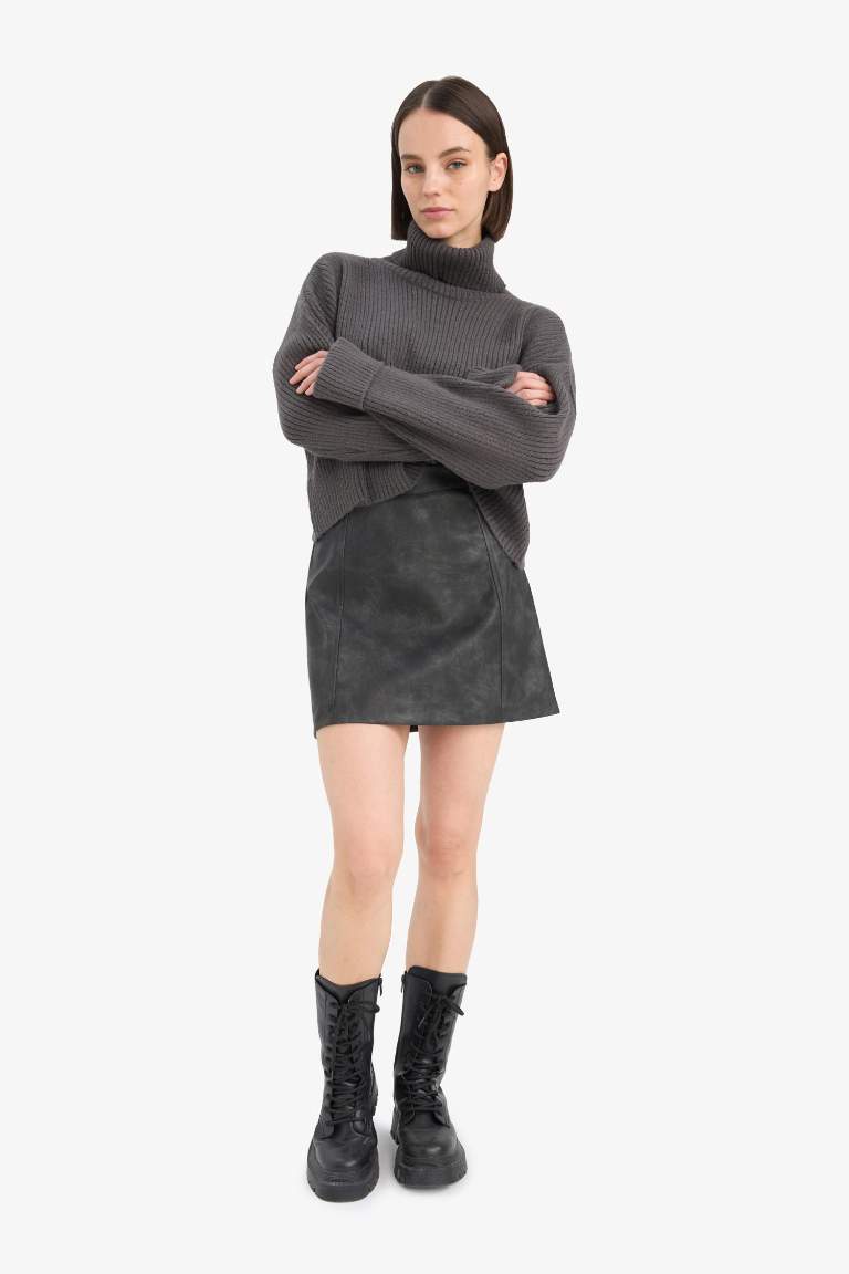 Coool A Cut Faux Leather High waist Mini Knitted Skirt