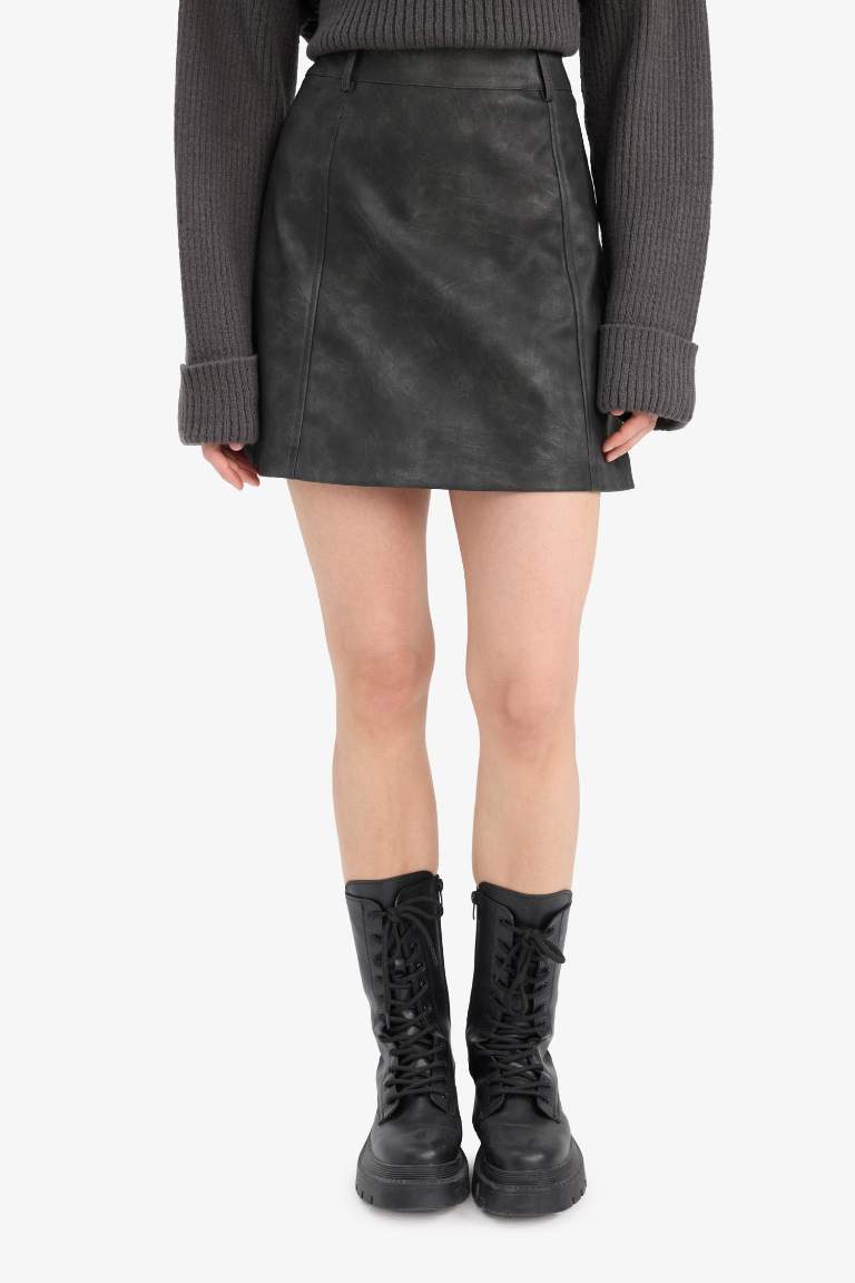 Coool A Cut Faux Leather High waist Mini Knitted Skirt