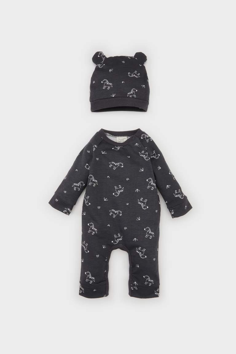 Boy Baby Newborn Zebra Printed Jumpsuit Beanie 2 Piece Set