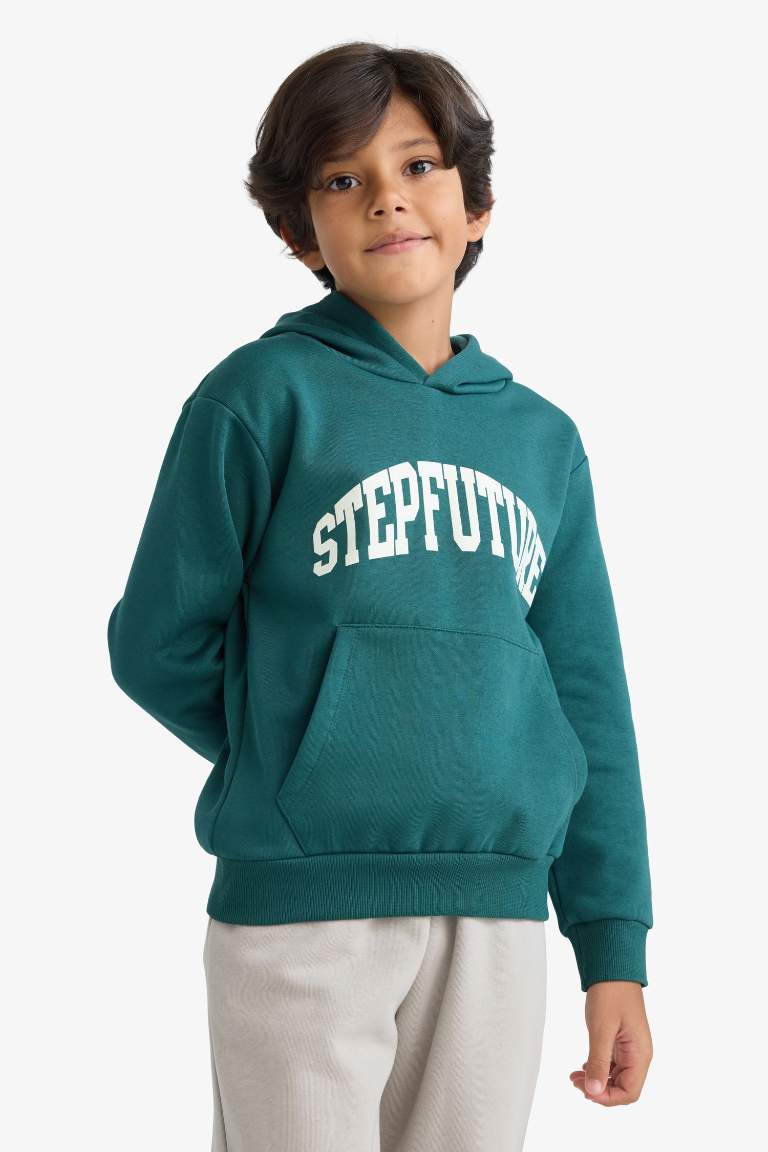 Erkek Çocuk Kapüşonlu İçi Yumuşak Tüylü Baskılı Sweatshirt