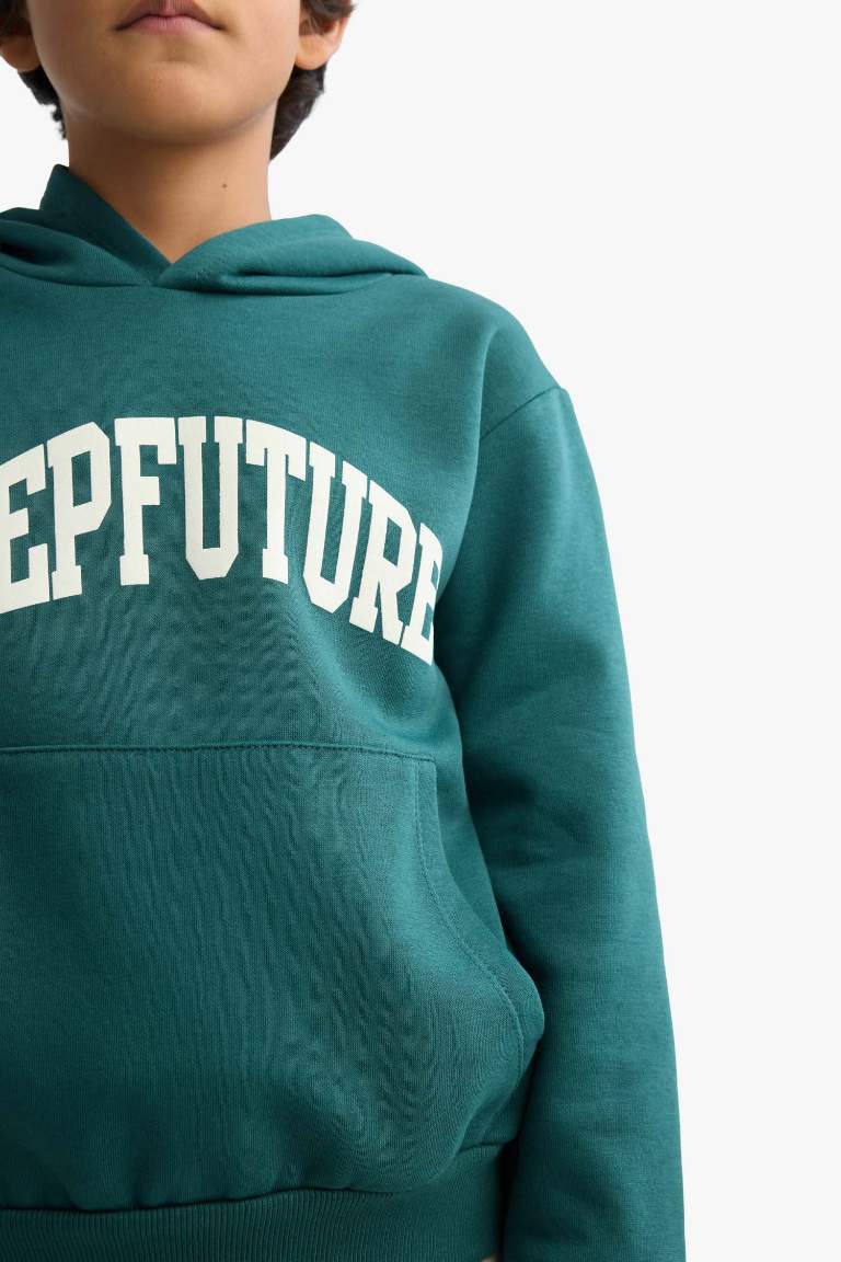 Erkek Çocuk Kapüşonlu İçi Yumuşak Tüylü Baskılı Sweatshirt