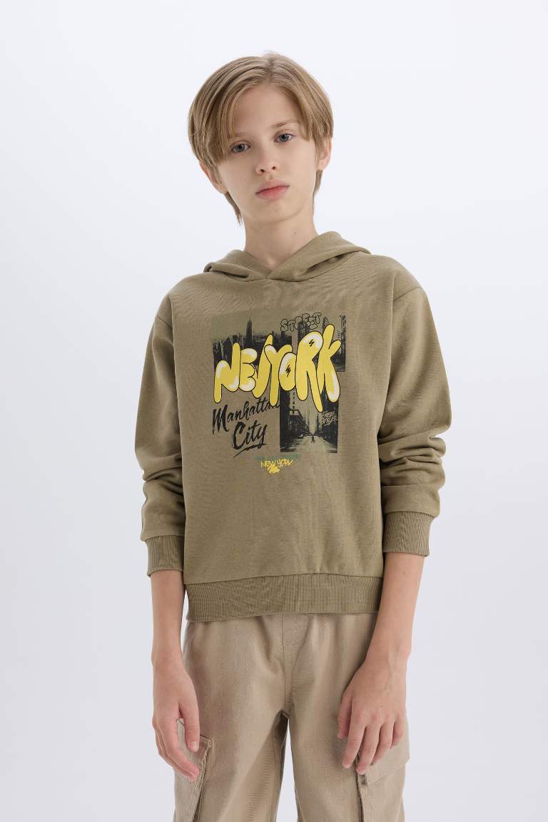 Boy Hooded Printed Thick Sweatshirt