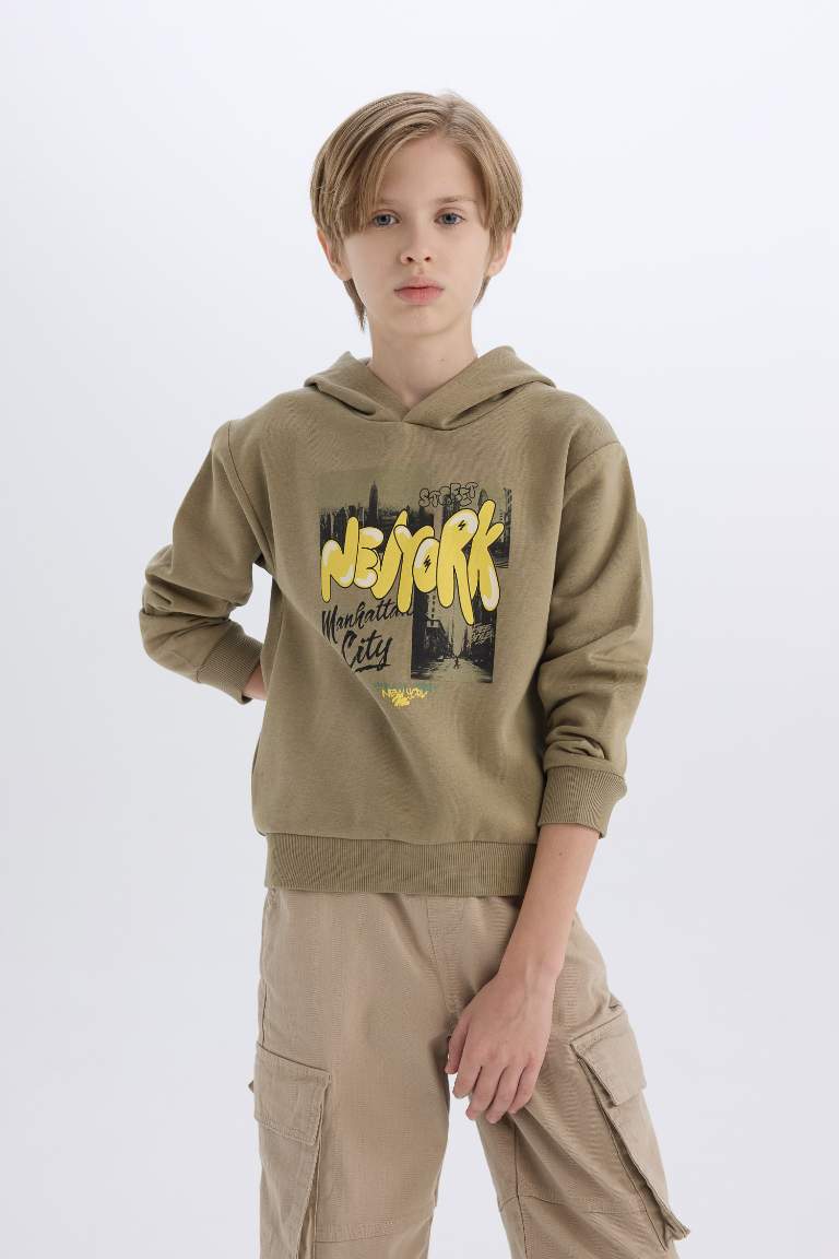 Boy Hooded Printed Thick Sweatshirt