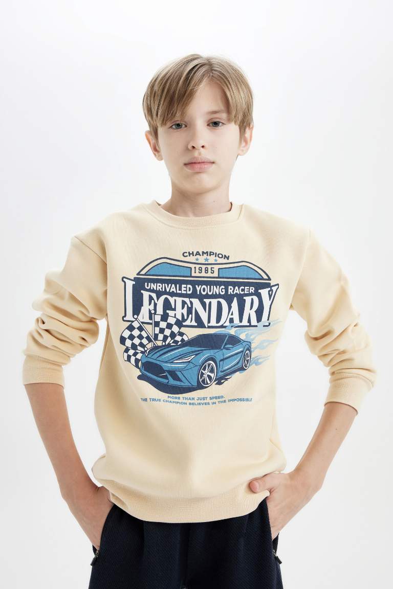 Boy Regular Fit Slogan Printed Thick Sweatshirt