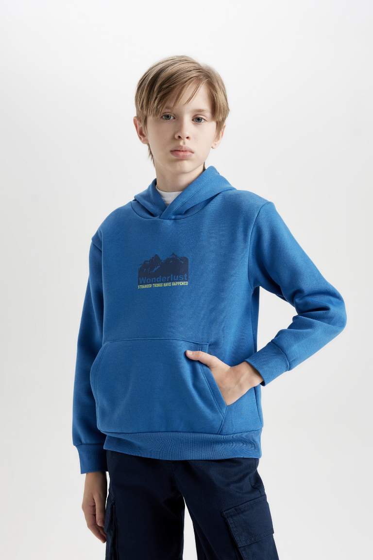 Boy Regular Fit Hooded Back Printed Thick Sweatshirt