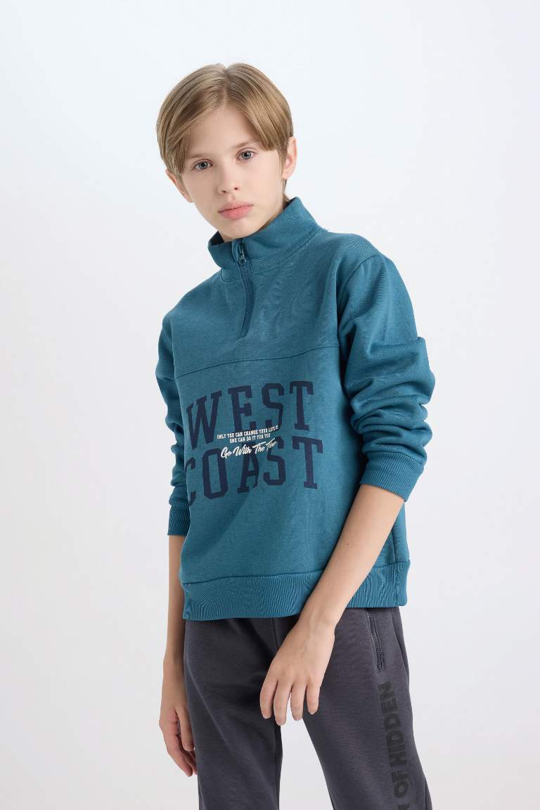 Boy Regular Fit Half Zipper Printed Thick Sweatshirt