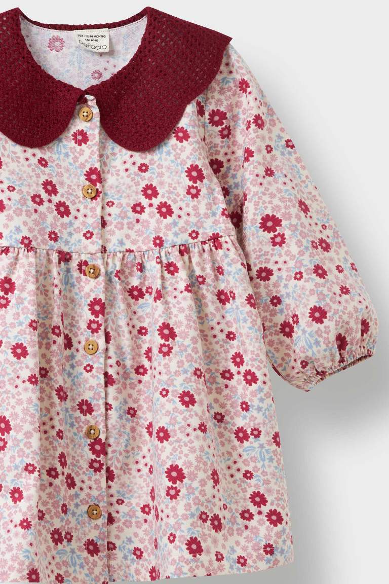 Kız Bebek Bebe Yaka Çiçekli Uzun Kollu Twill Elbise