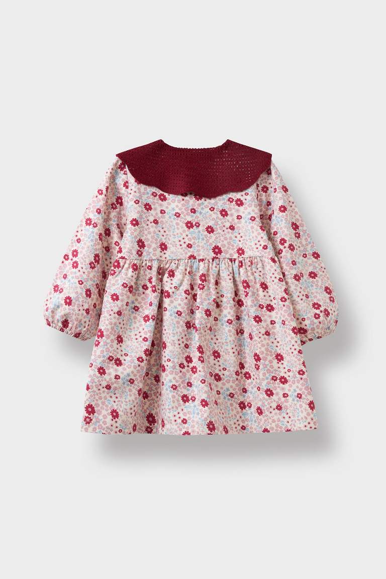 Kız Bebek Bebe Yaka Çiçekli Uzun Kollu Twill Elbise
