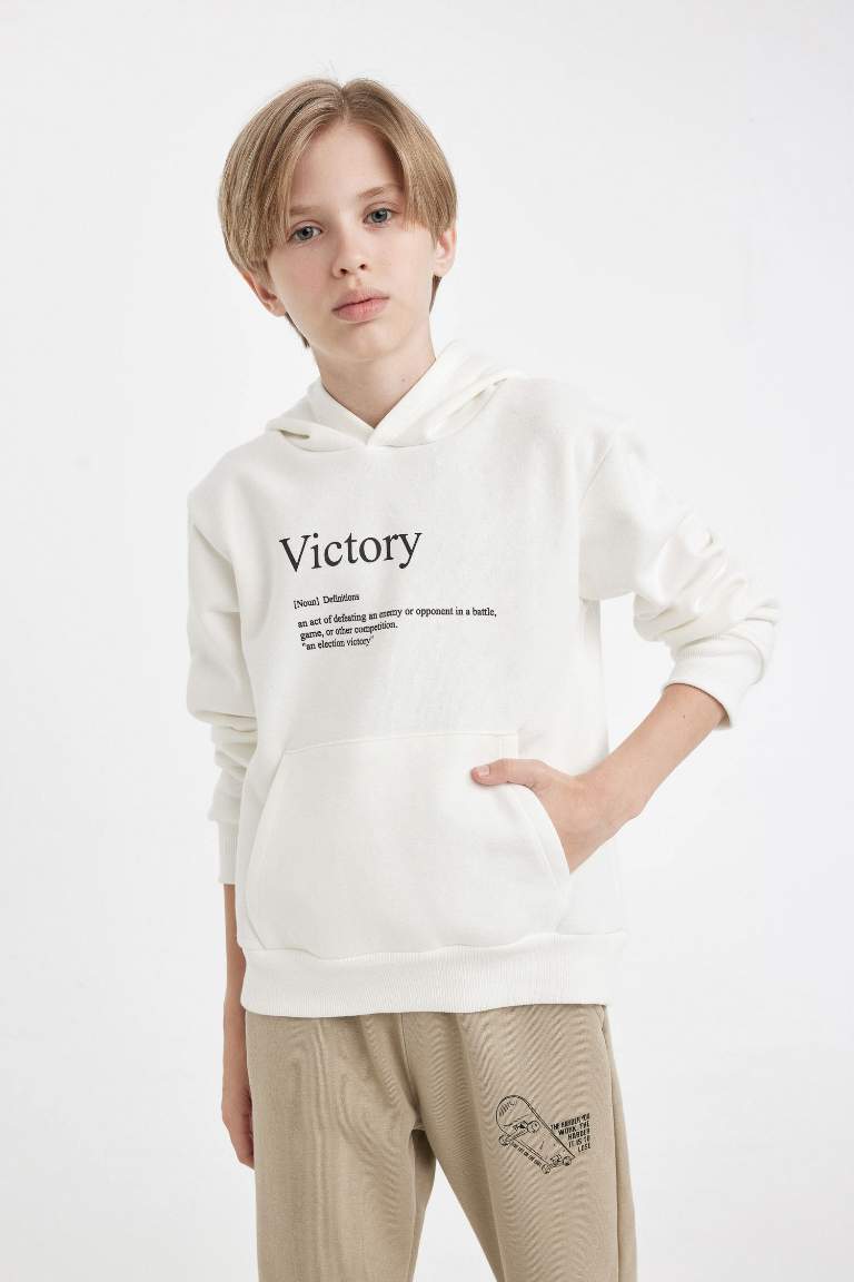 Boy Slogan Printed Hooded Thick Sweatshirt