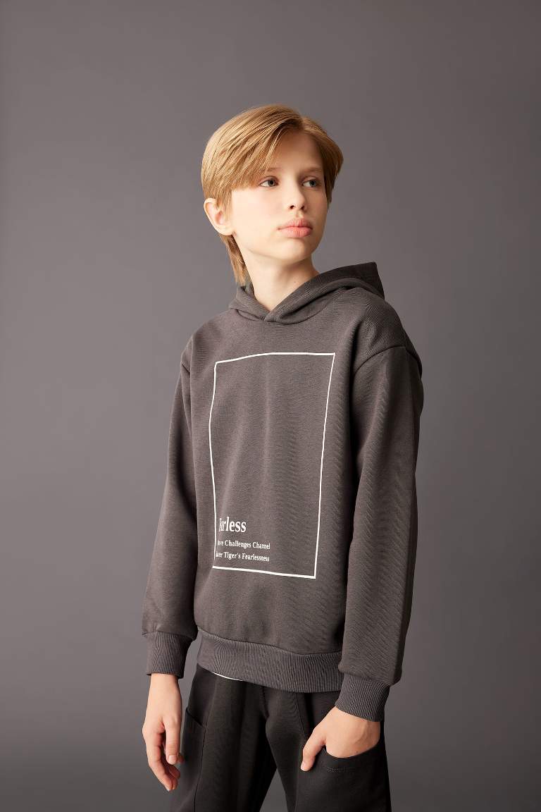 Boy Hooded Printed Thick Sweatshirt