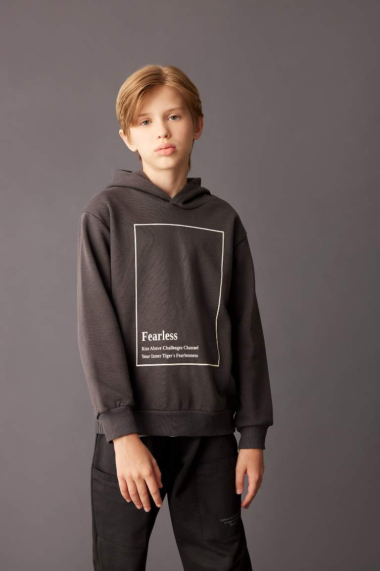 Boy Hooded Printed Thick Sweatshirt