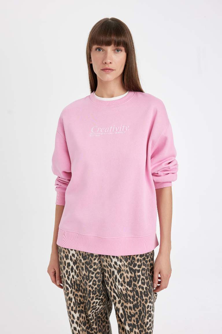 Relax Fit Bisiklet Yaka Baskılı Kalın Sweatshirt