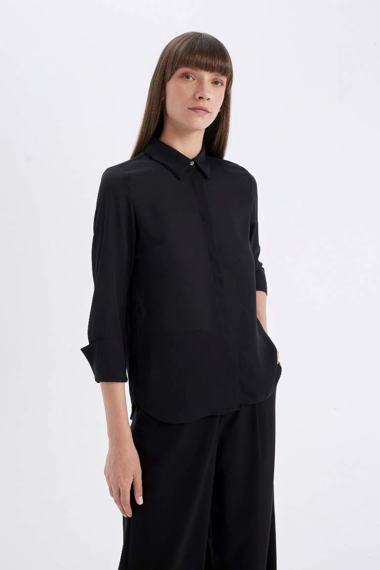 Regular Fit Basic Crepe Woven Long Sleeve Black Shirt