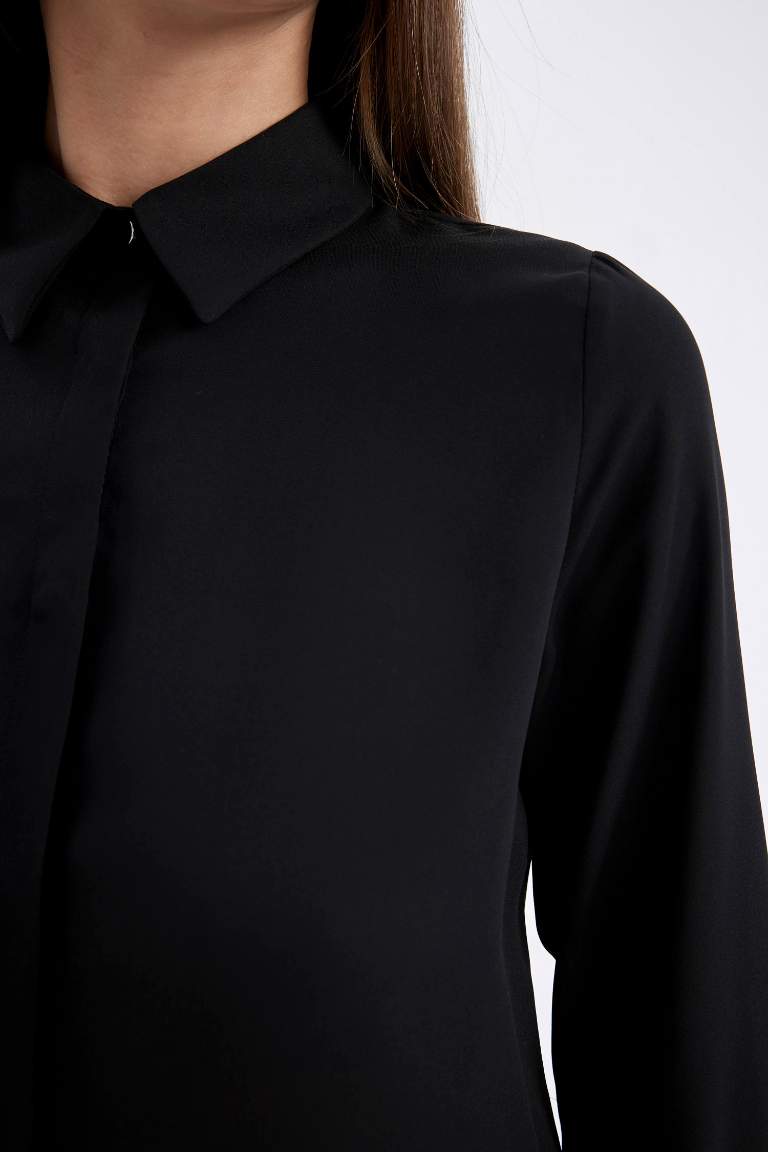 Regular Fit Basic Crepe Woven Long Sleeve Black Shirt