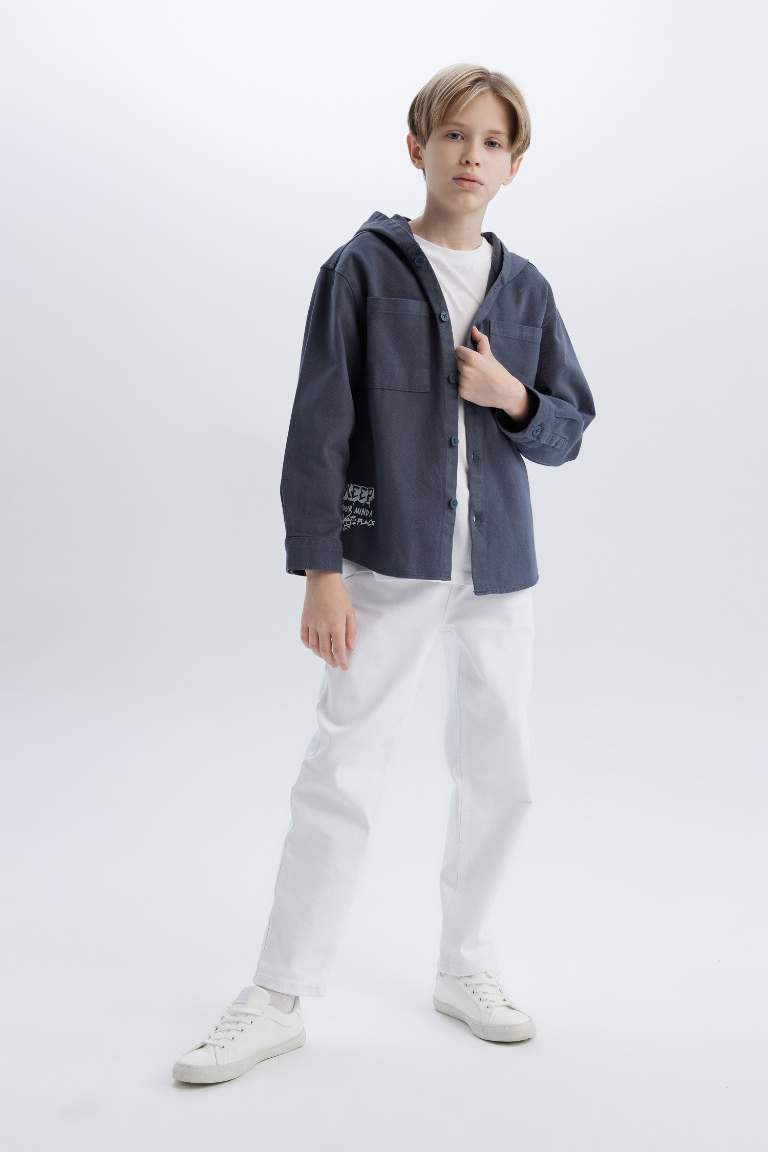 Boy Oversize Fit Hooded Gabardine Long Sleeve Shirt