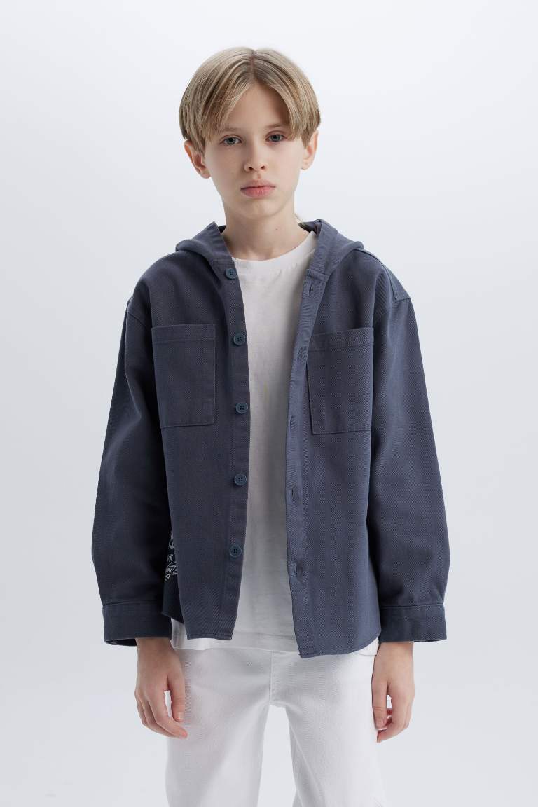 Boy Oversize Fit Hooded Gabardine Long Sleeve Shirt