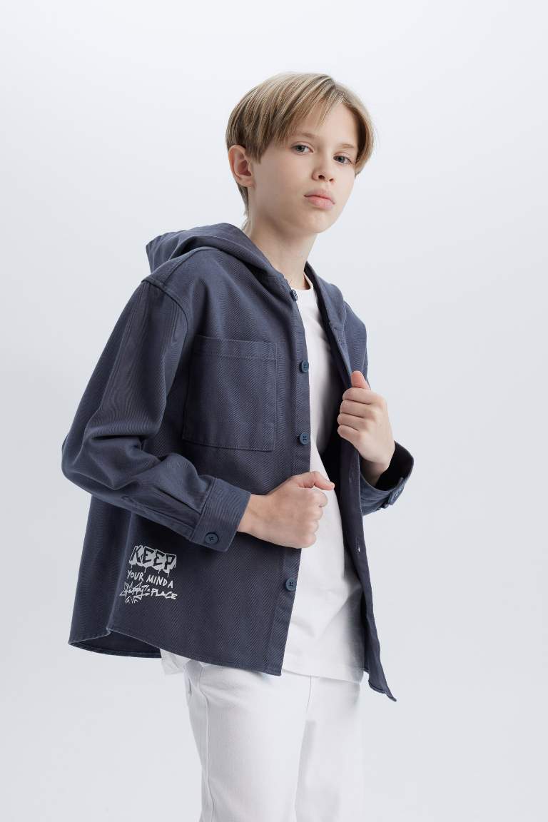 Boy Oversize Fit Hooded Gabardine Long Sleeve Shirt