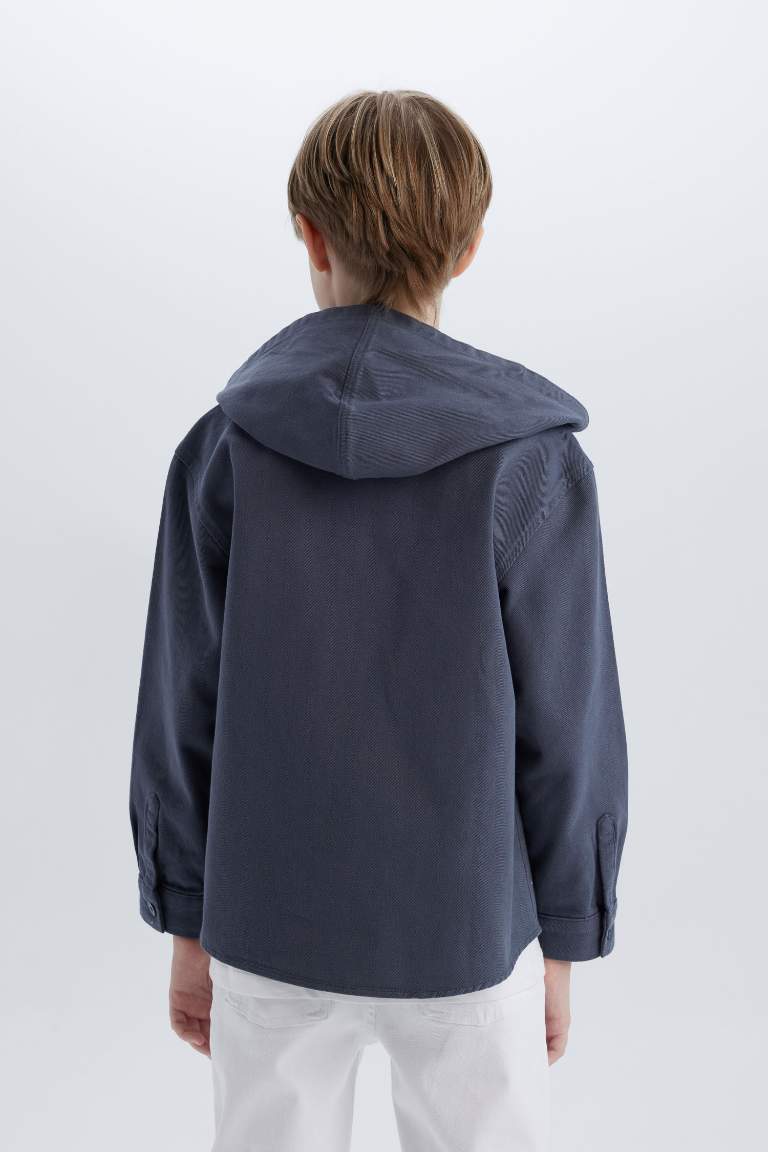 Boy Oversize Fit Hooded Gabardine Long Sleeve Shirt