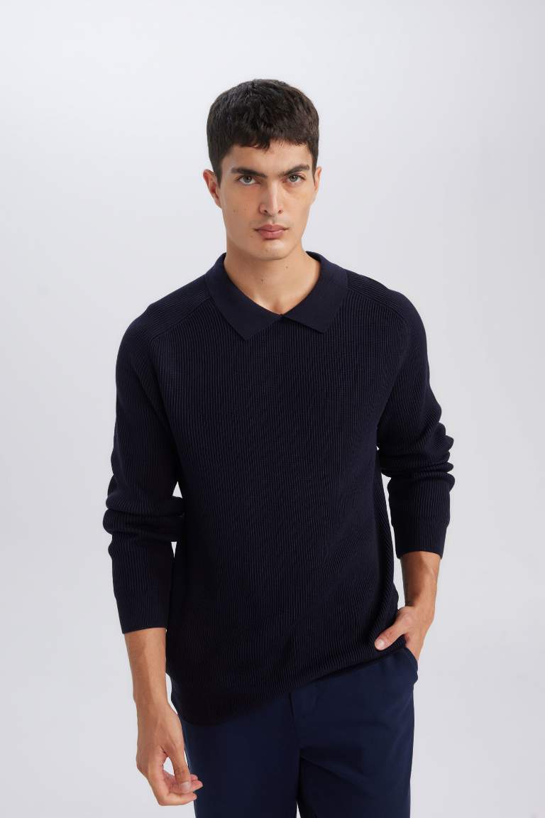 Standard Fit Polo Collar Basic Knitted Pullover