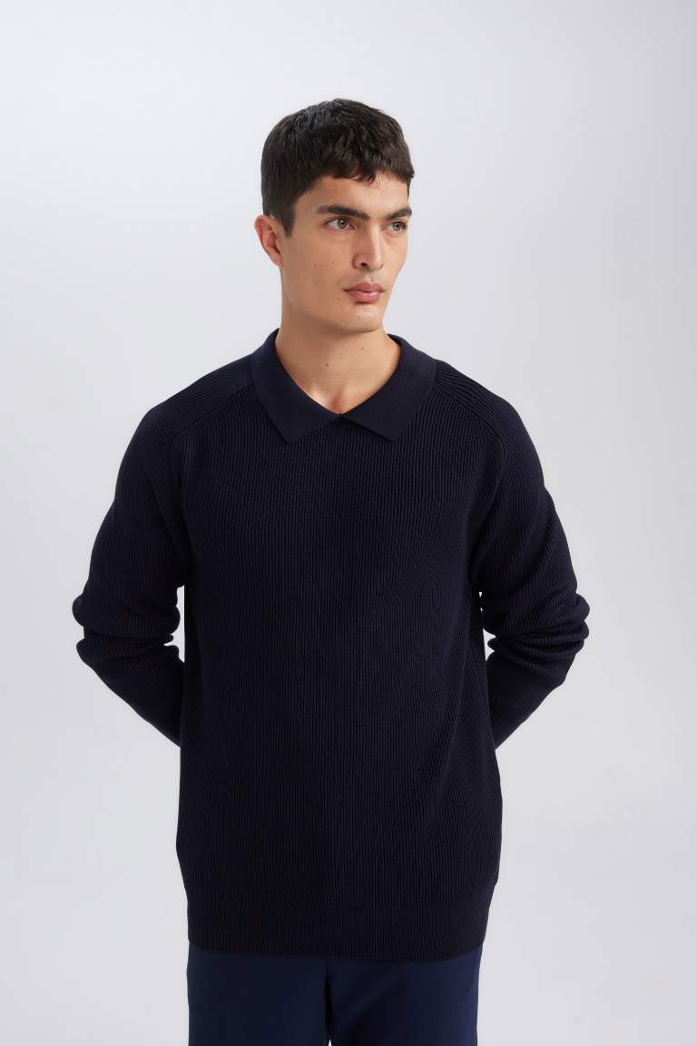 Standard Fit Polo Collar Basic Knitted Pullover