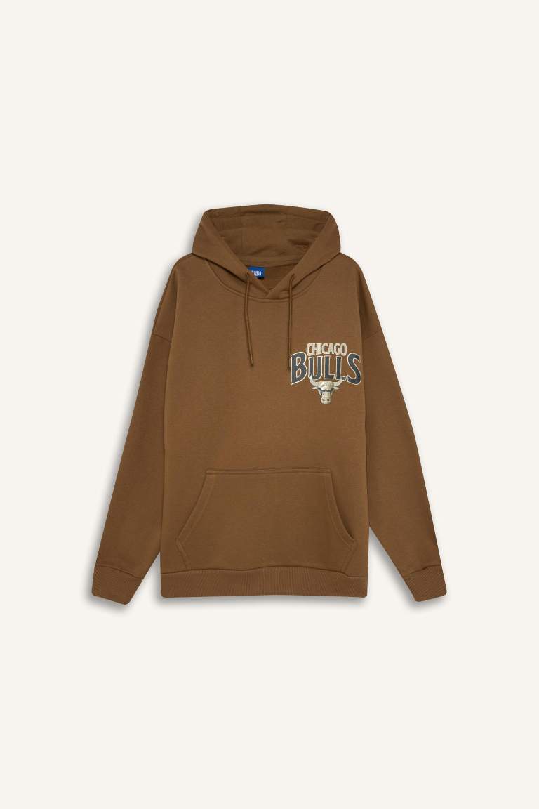 DeFactoFit NBA Chicago Bulls Oversize Geniş Kalıp Kapüşonlu Sırt Baskılı Kalın Sweatshirt