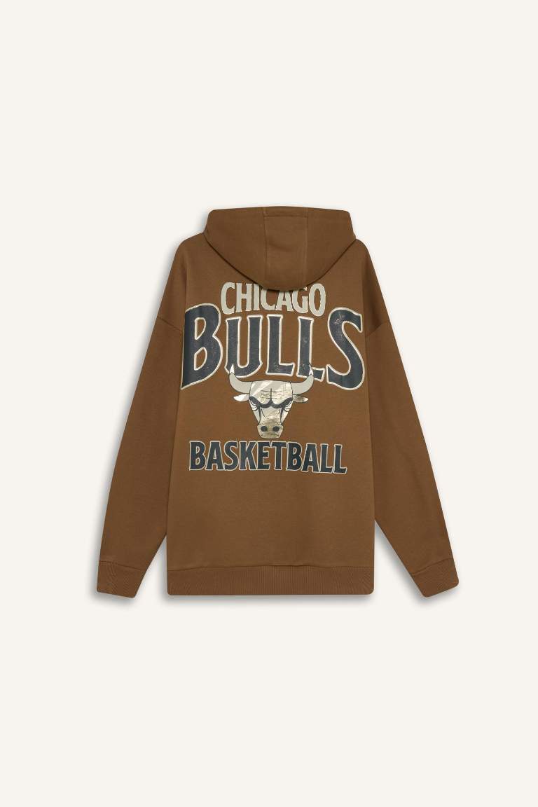 DeFactoFit NBA Chicago Bulls Oversize Geniş Kalıp Kapüşonlu Sırt Baskılı Kalın Sweatshirt