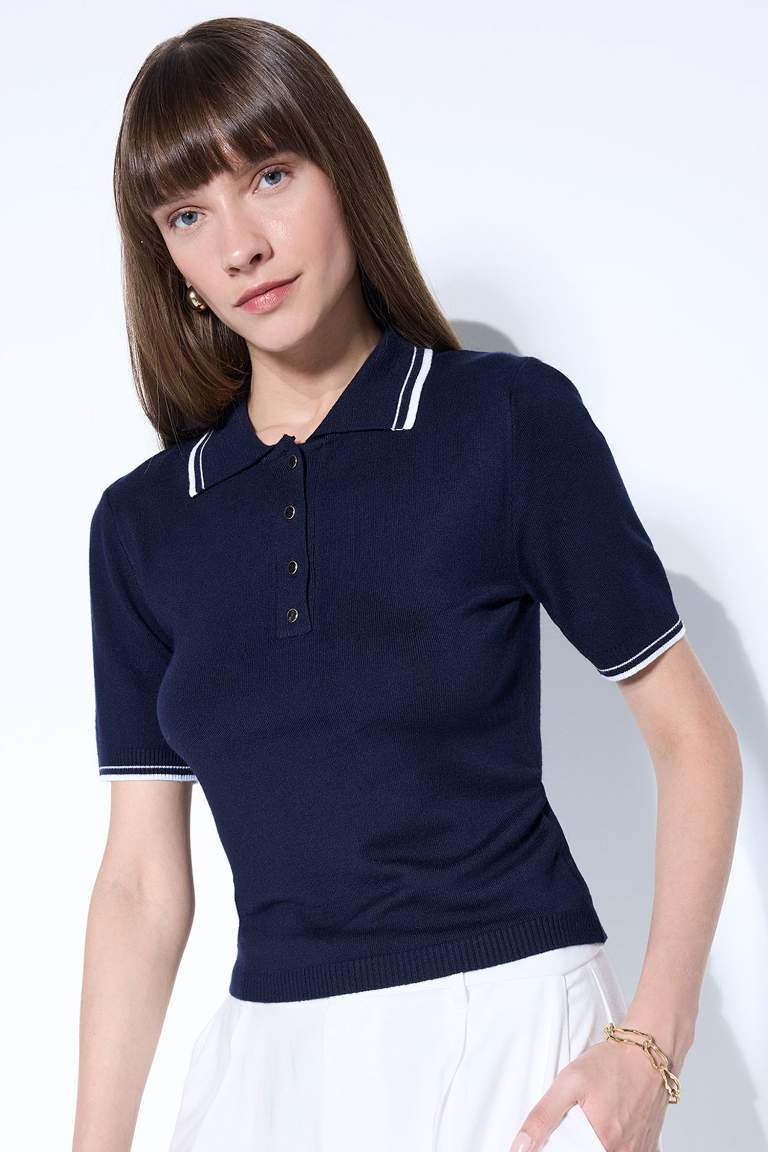Regular Fit Polo Yaka Düğmeli Basic Düz Kısa Kollu Triko Kazak