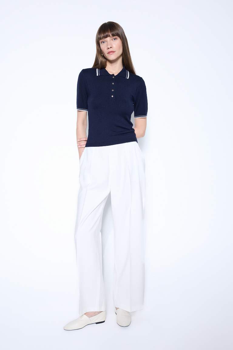 Regular Fit Polo Yaka Düğmeli Basic Düz Kısa Kollu Triko Kazak