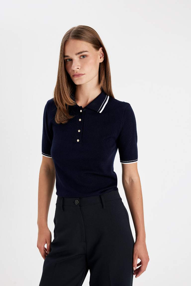 Regular Fit Polo Yaka Düğmeli Basic Düz Kısa Kollu Triko Kazak