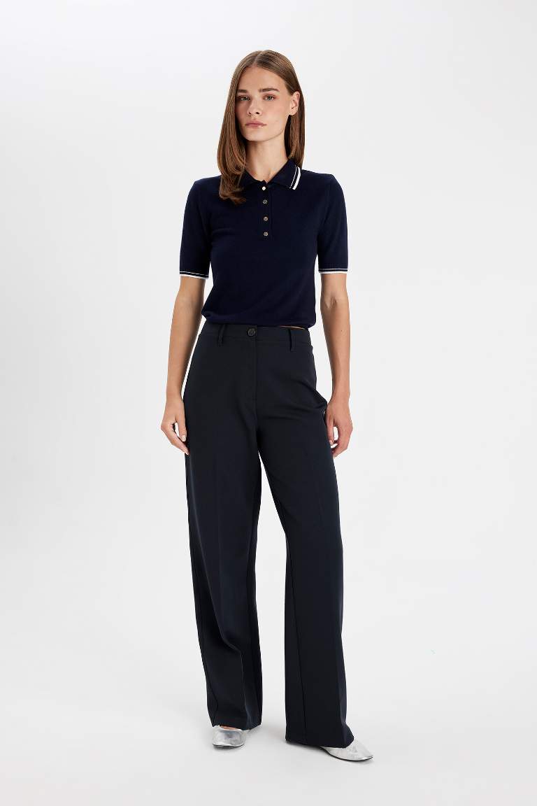 Regular Fit Polo Yaka Düğmeli Basic Düz Kısa Kollu Triko Kazak