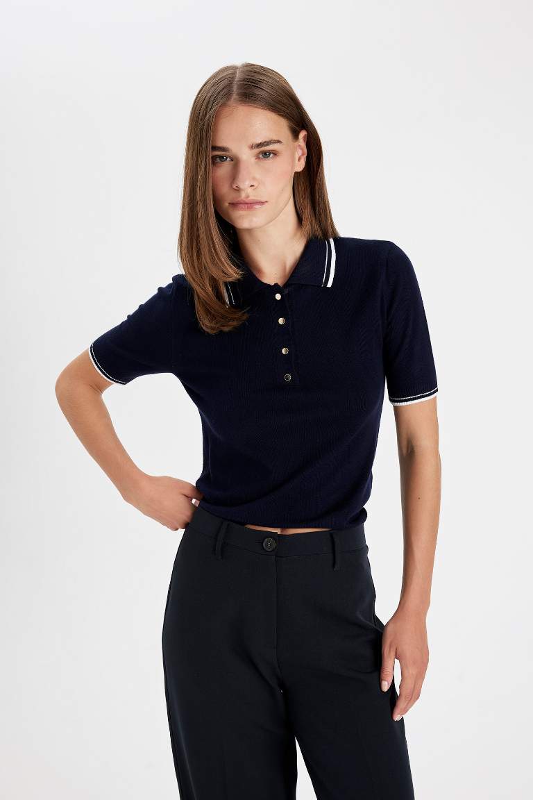 Regular Fit Polo Yaka Düğmeli Basic Düz Kısa Kollu Triko Kazak