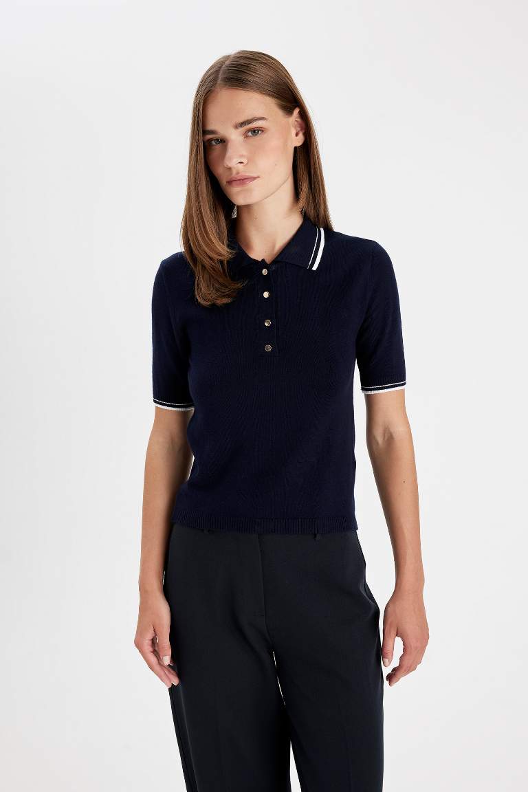 Regular Fit Polo Yaka Düğmeli Basic Düz Kısa Kollu Triko Kazak