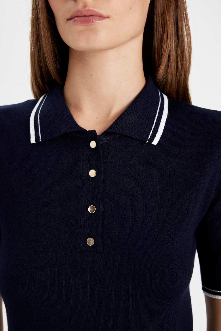 Regular Fit Polo Yaka Düğmeli Basic Düz Kısa Kollu Triko Kazak