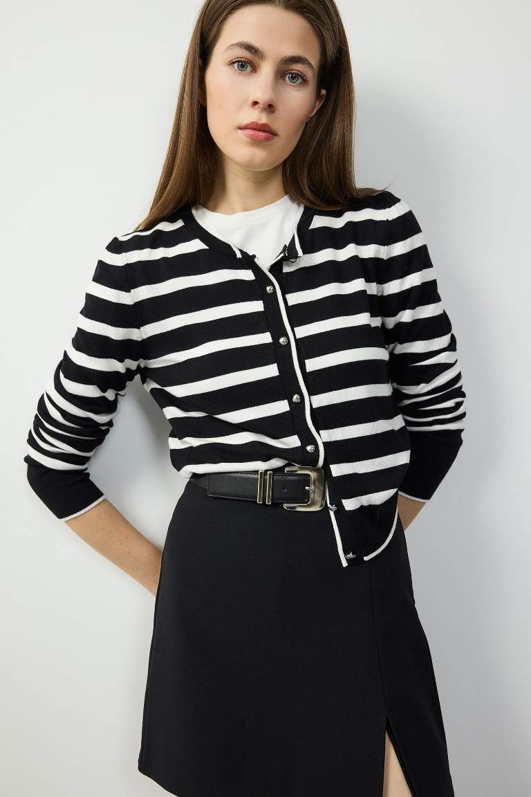 Regular Fit Crew Neck Buttoned Knitwear Striped Cardigan