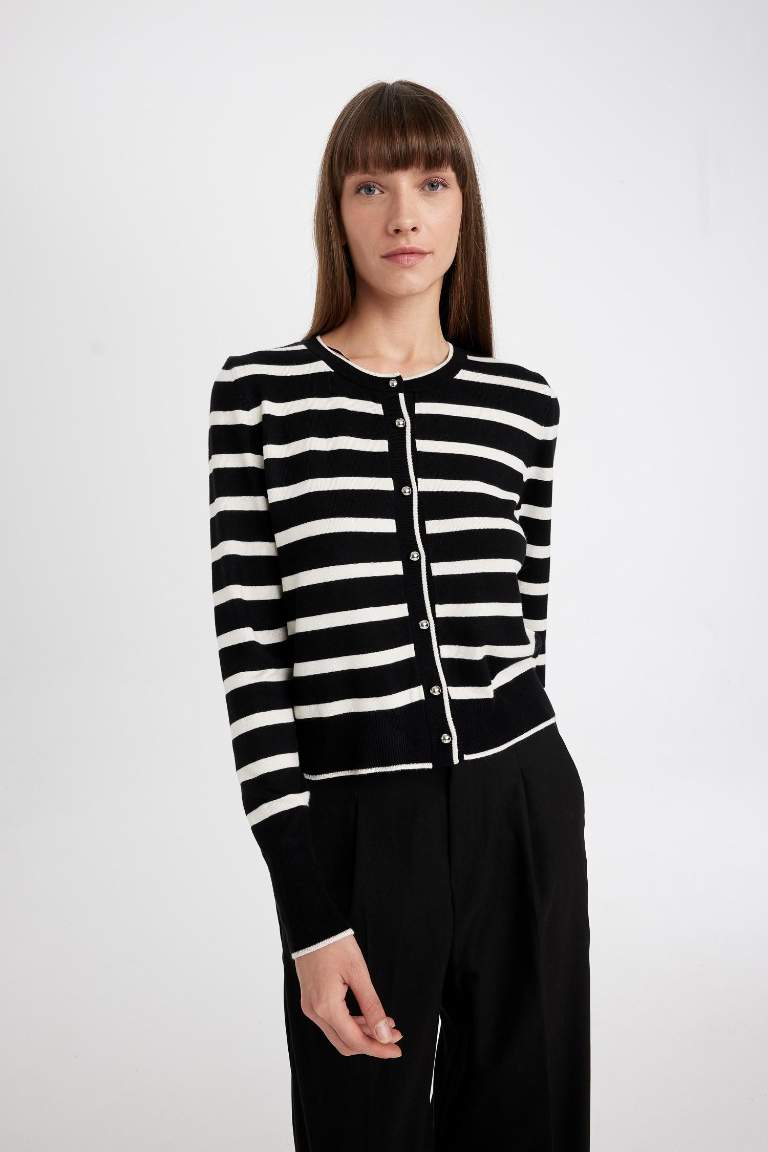 Regular Fit Crew Neck Buttoned Knitwear Striped Cardigan