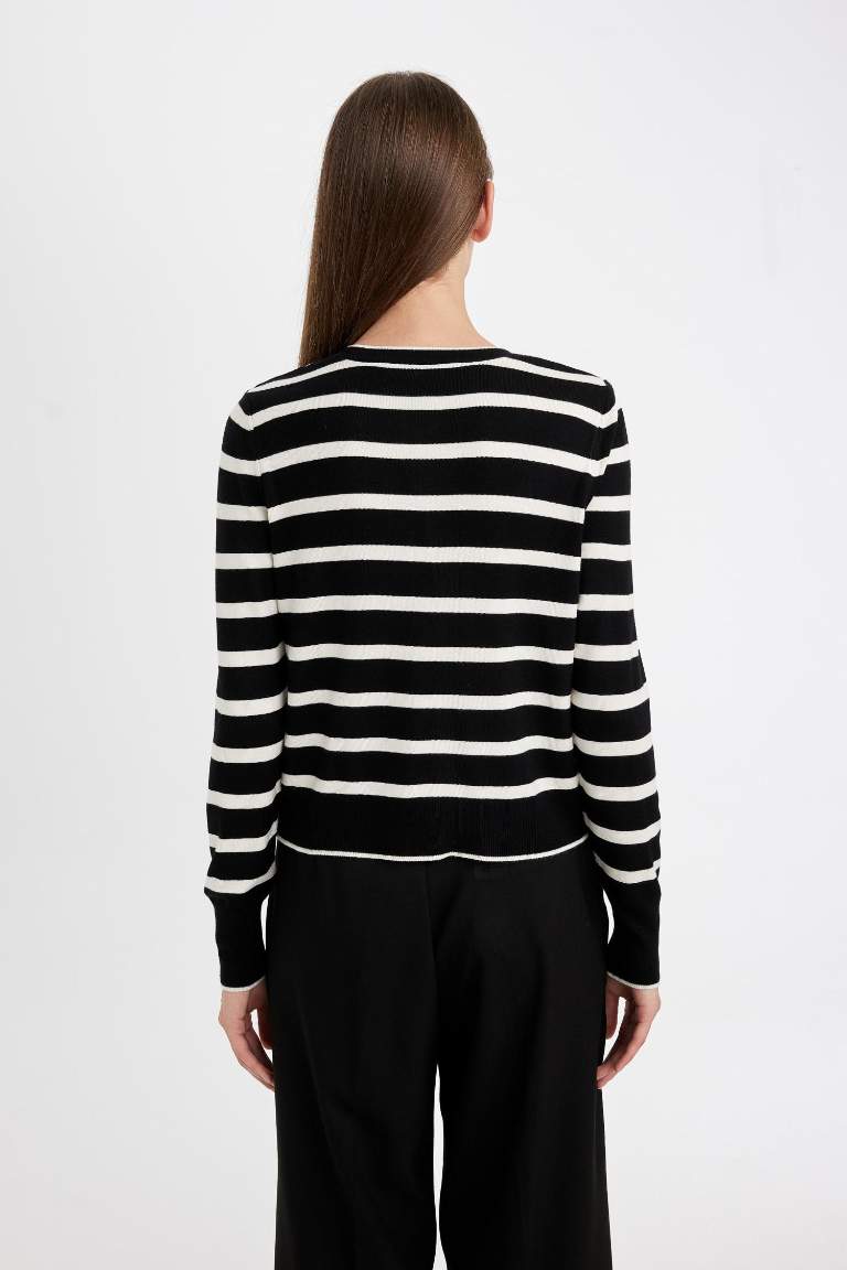 Regular Fit Crew Neck Buttoned Knitwear Striped Cardigan