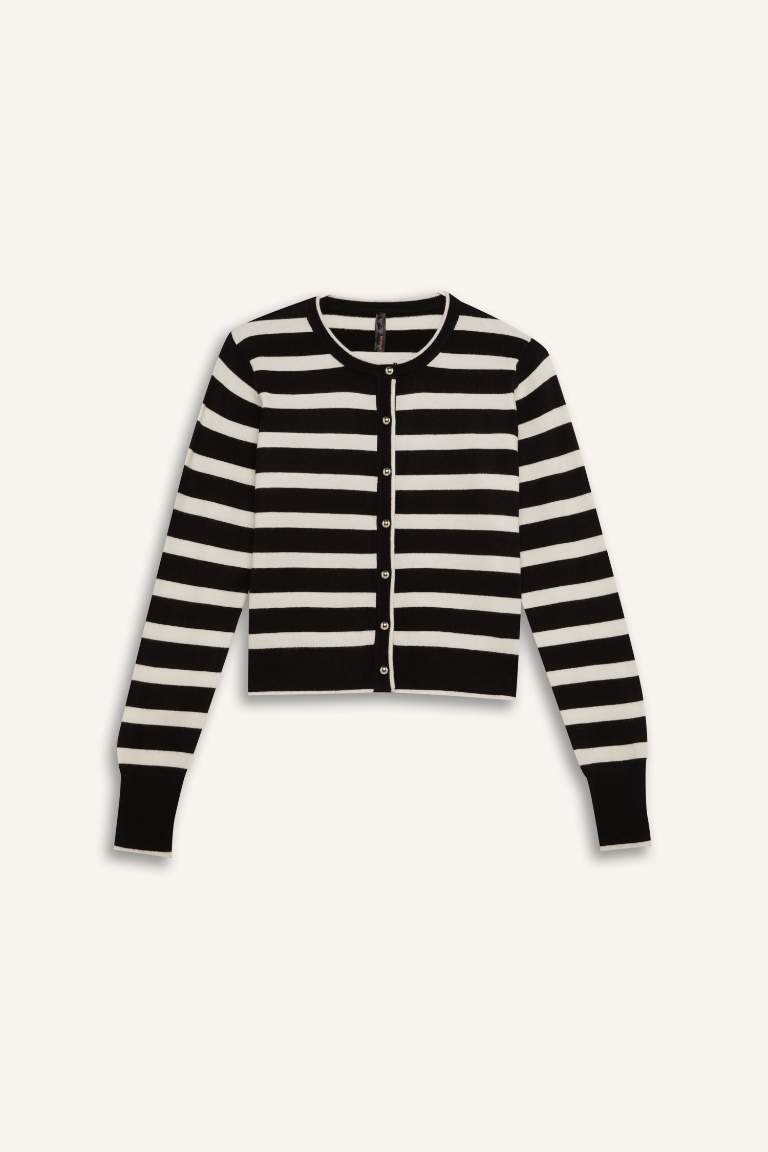 Regular Fit Crew Neck Buttoned Knitwear Striped Cardigan