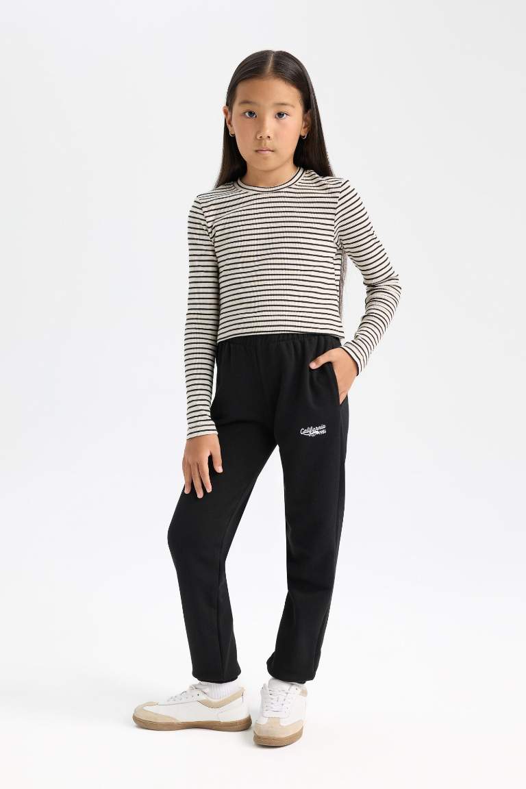 Girl Polo Neck Striped Ribbed Long Sleeve Crop T-Shirt