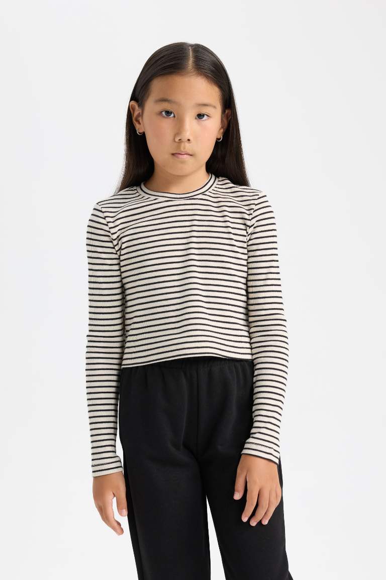 Girl Polo Neck Striped Ribbed Long Sleeve Crop T-Shirt