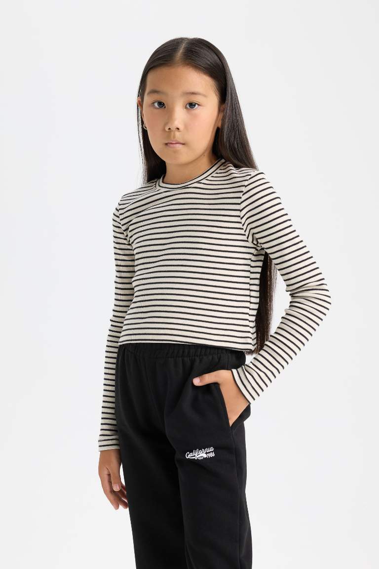 Girl Polo Neck Striped Ribbed Long Sleeve Crop T-Shirt