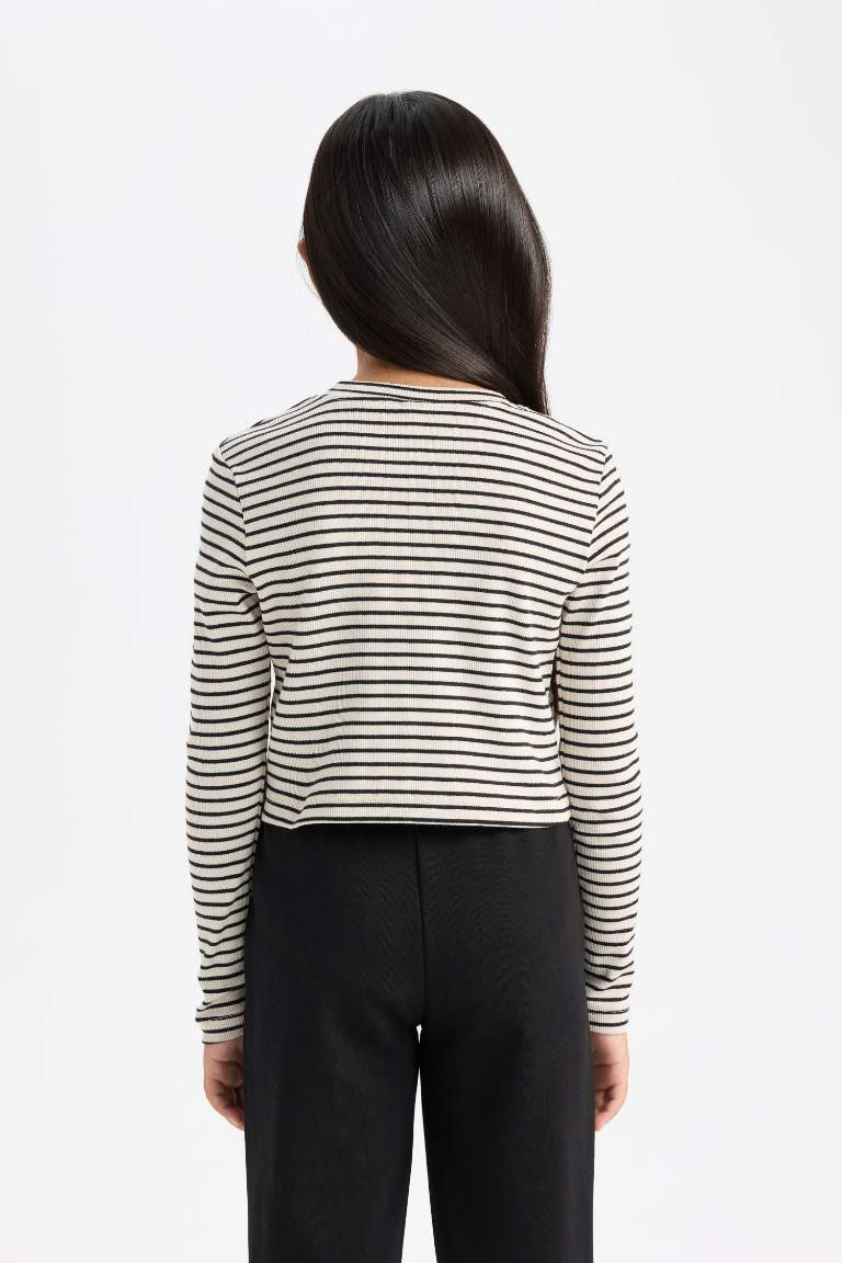 Girl Polo Neck Striped Ribbed Long Sleeve Crop T-Shirt