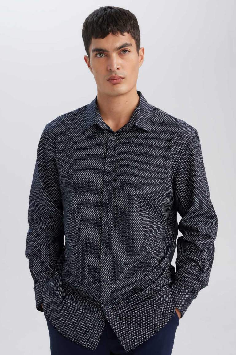 Modern Fit Poplin Desenli Pamuk Karışımlı Uzun Kollu Gömlek