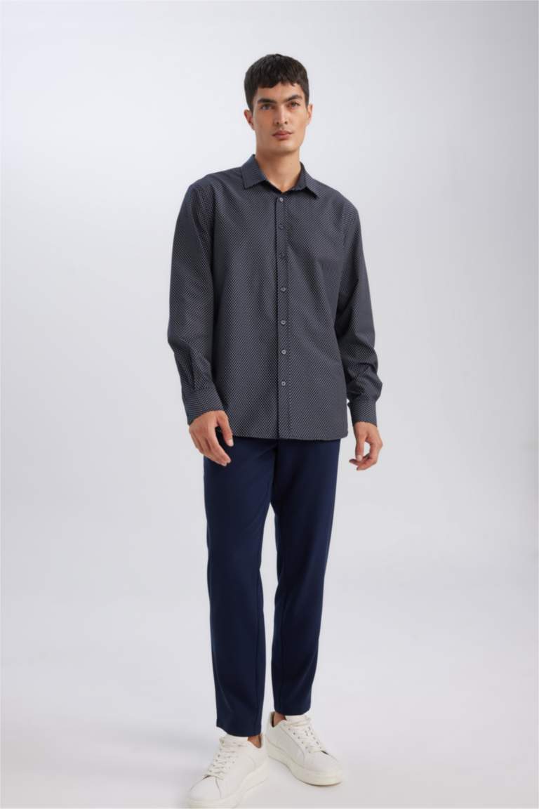 Modern Fit Poplin Desenli Pamuk Karışımlı Uzun Kollu Gömlek