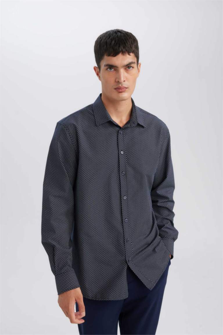 Modern Fit Poplin Desenli Pamuk Karışımlı Uzun Kollu Gömlek