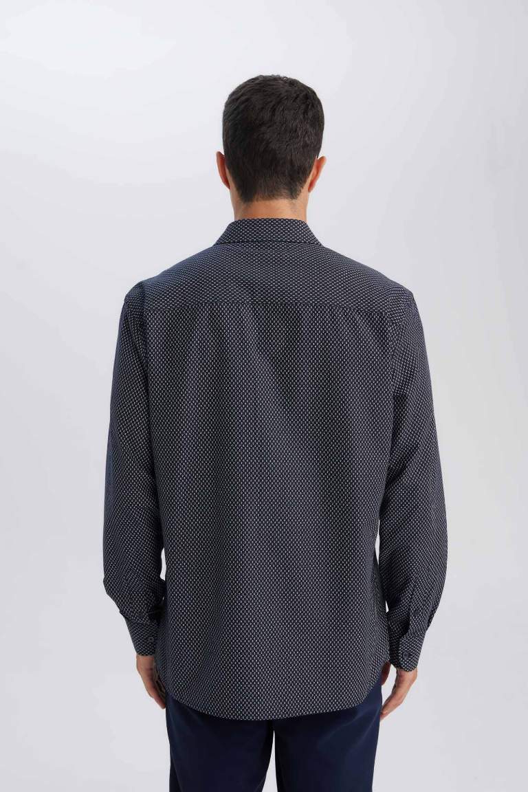 Modern Fit Poplin Desenli Pamuk Karışımlı Uzun Kollu Gömlek